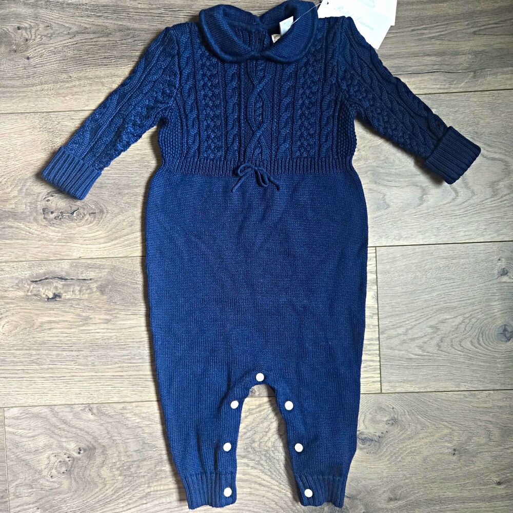 NWT Ralph Lauren 9M Navy Blue Cable Knit Coverall Mercerized Cotton Romper
